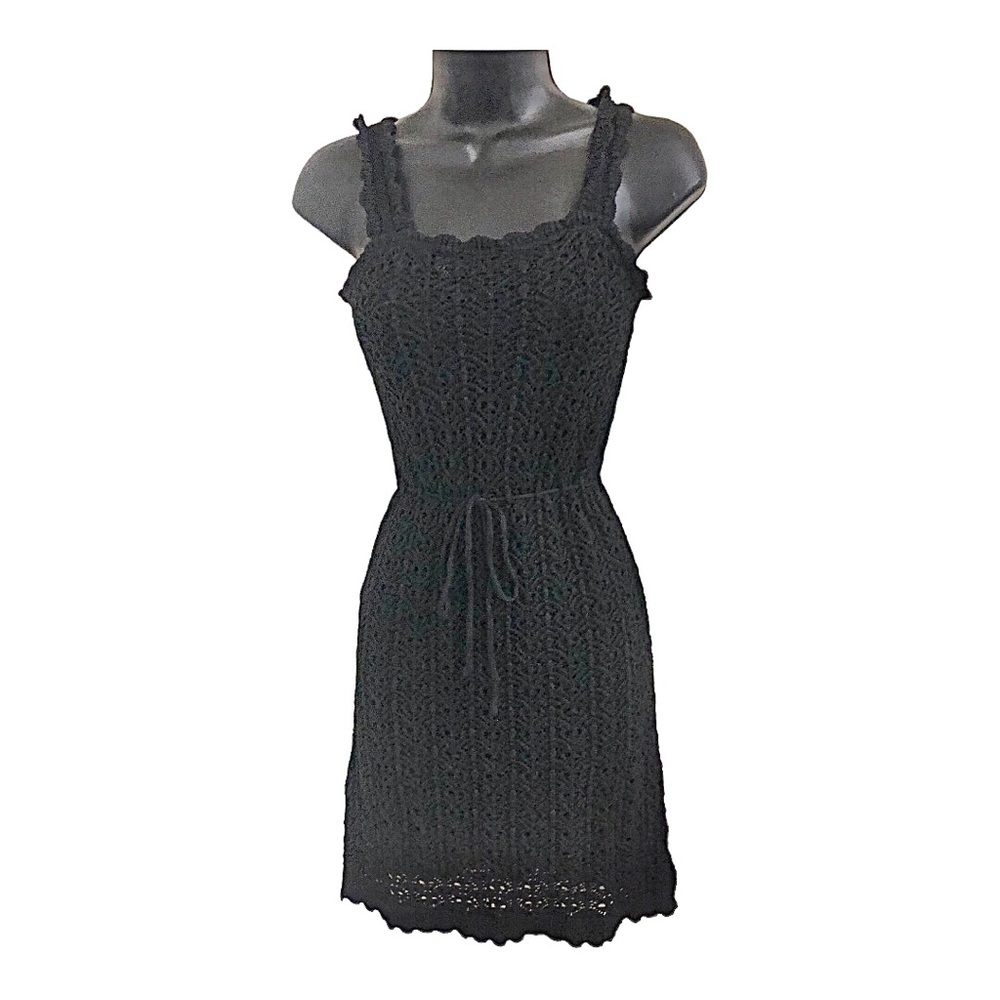 Jessica Simpson black ruffle strap and hem belted mini crochet dress size S new